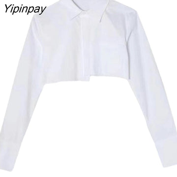 Yipinpay 2023 Summer Y2K Asymmetrical Long Sleeve White Shirt Women Sexy Button Slim Crop Tops Blouse Streetwear Female Clothing